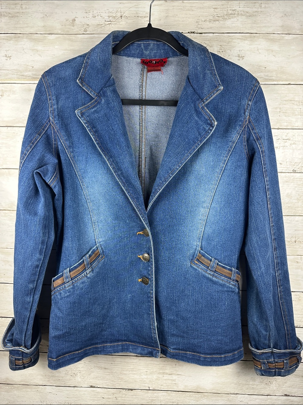 Vintage Too Hot Y2K Denim Blazer Jacket Medium Sand Wash Flare Western 90s